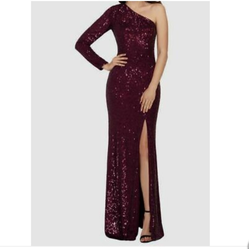 XSCAPE one shoulder sequined evening gown. Size 12